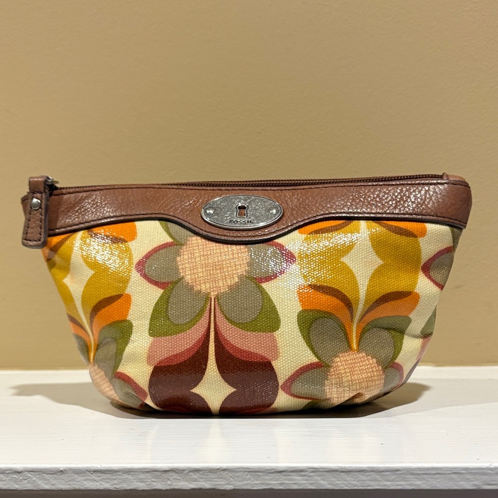 Fossil Key-Per Floral Coated Canvas Cosmetic Pouch Case w Leather Trim Preowned